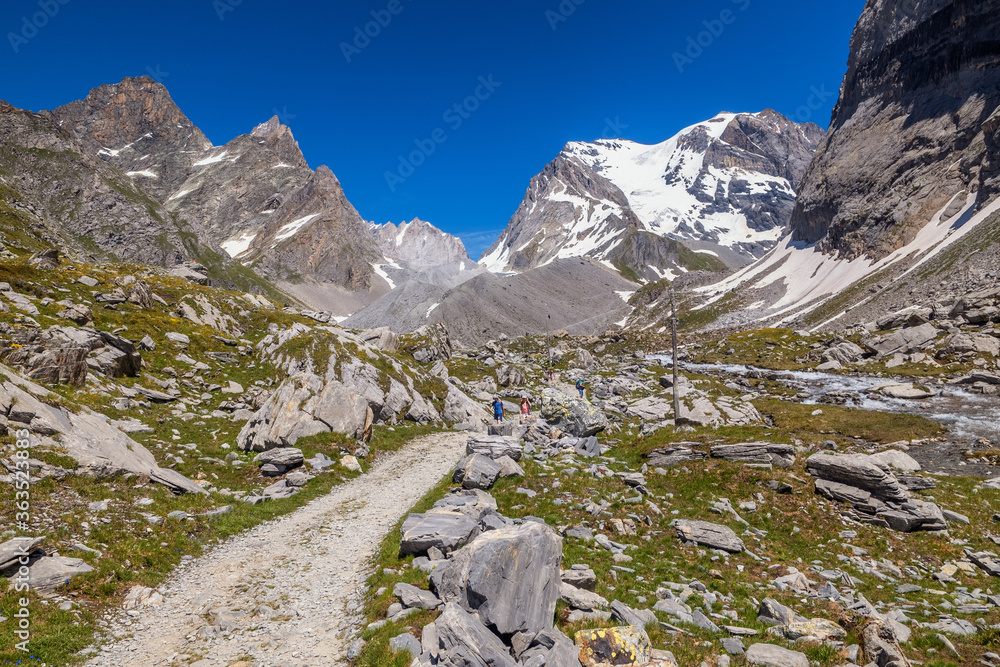 Hikking the GR5 at Pralognan-la-Vanoise, Savoie in France. This trail is famous for its route through the French Alps from Lake Geneva to Nice called Grande Traversée des Alpes