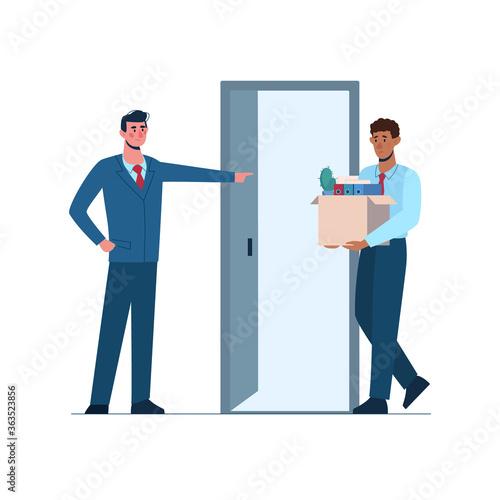 Fired african person leaves the office with a box in his hands. boss leaves black man without work. Job loss due to crisis, robotics, economic decline. Dismissed employee, unemployment. Vector, flat © Анна Канищева