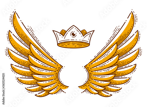 Wings and crown vintage linear design elements isolated easy to use, angel raven eagle or falcon, vector logo or icon or emblem trendy style.