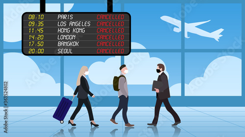 Airline passengers in medical masks walking in airport terminal . flights cancelled status on timetable . vector illustration .