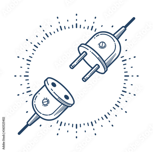Retro electric plug in unplugged vector linear icon, power electricity or technology concept, connection.