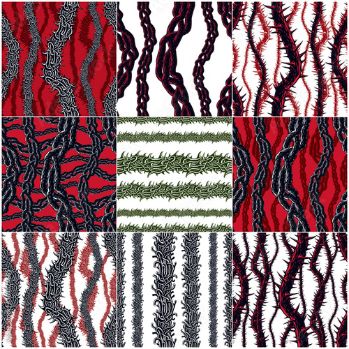 Horror art style horrible seamless patterns set, vector backgrounds collection. Hard Rock and Heavy Metal subculture music textile fashion stylish design. 