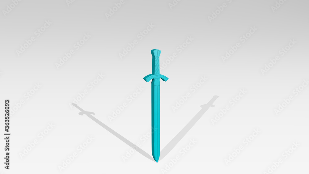 sword on the wall. 3D illustration of metallic sculpture over a white background with mild texture. ancient and armor