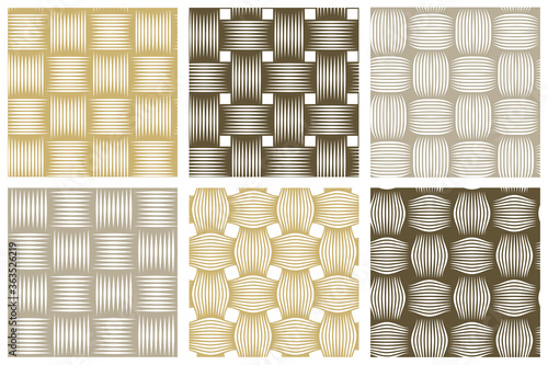 Seamless vector weaving patterns set, linear backgrounds with crossed lines, textile knitted repeat tiling wallpapers, perfect simplistic minimal designs.