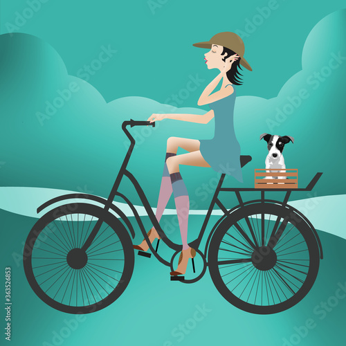 
A woman rides a bike, a small dog on the banding strip, beautiful illustration,
landscape background