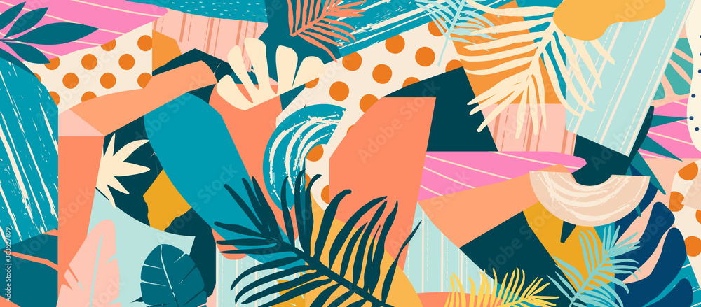 Fototapeta premium Colorful leaves and flowers poster background vector illustration. Exotic plants, branches, flowers and leaves art print for beauty and natural products, spa and wellness, fabric and fashion