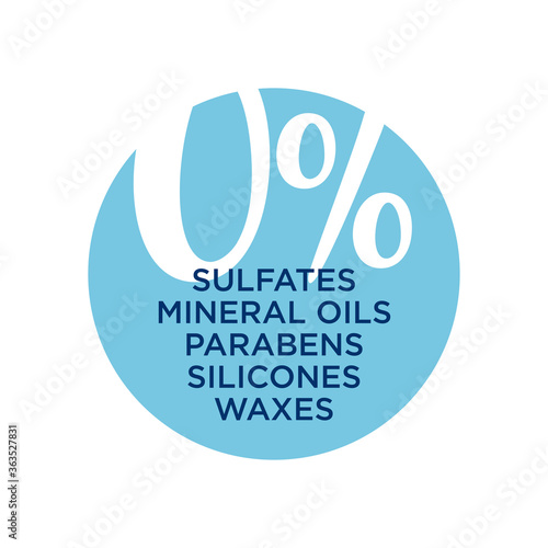 Zero percent sulfates, waxes, mineral oils, parabens, silicones. Curly Girl Method (CGM) approved product symbol. Blue icon for hair products.