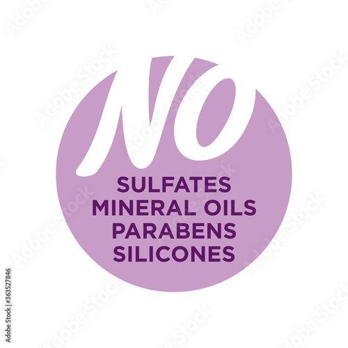 No sulfates, waxes, mineral oils, parabens, silicones. Curly Girl Method (CGM) approved product symbol. Purple icon for hair products.