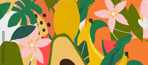 Colorful leaves, flowers and fruits poster background vector illustration. Exotic fruits design for web banner, brochure, cover, flyer, invitation, placad photo