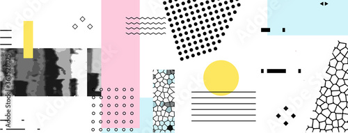 Different textures and shapes artistic vector illustration collage. Colorful abstract design, creative background for banner, brochure, card, invitation, flyer, placard, poster, report artwork