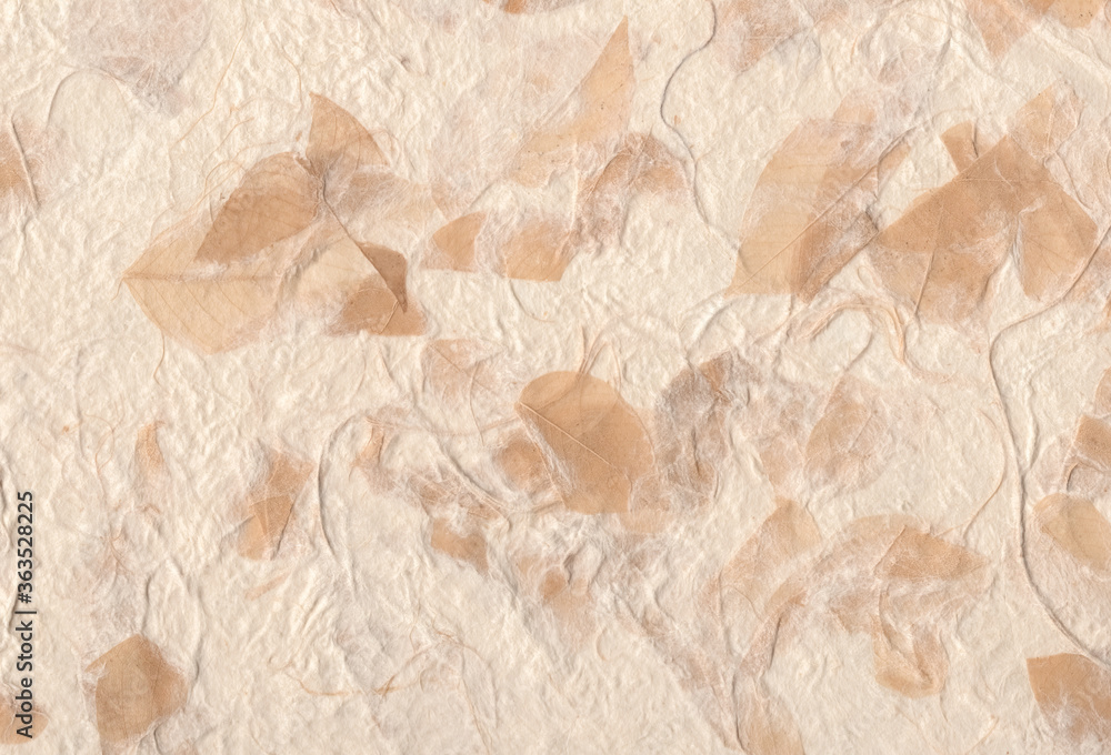 Sheet of hand crafted rough paper background with natural fibers and dried leave. Extra large highly detailed image. Recycled paper concept. Sheet of hand crafted rough paper background with natural fibers and dried leave. Extra large highly detailed image. Recycled paper concept.