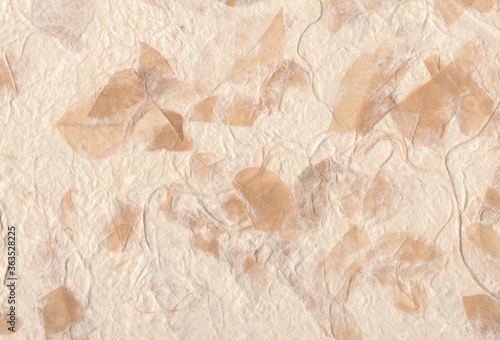 Sheet of hand crafted rough paper background with natural fibers and dried leave. Extra large highly detailed image. Recycled paper concept.