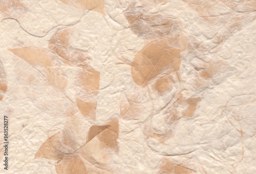 Hand crafted rough paper background with natural fibers and dried leave. Extra large highly detailed image. Recycled paper concept.