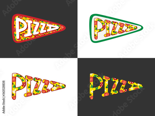 Pizza logotype concept. Black and white background, creative inscription. Decorative special typescript. Business bright advertising idea. Isolated abstract graphic design template. Pizzeria arrow.