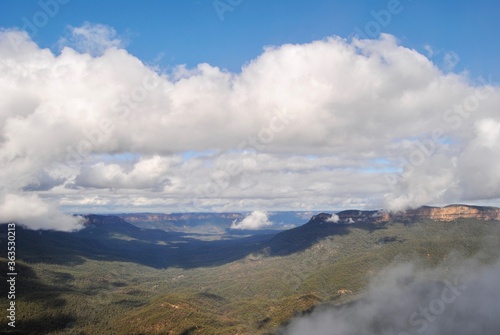 The Blue Mountains view with the white clouds in Australia