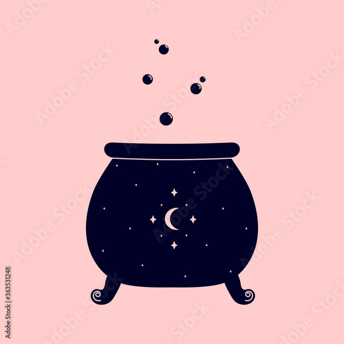 Linear logo or emblem template - witches cauldron with potion. Abstract symbol for packaging. Vector illustration