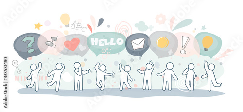 Illustration with speech bubbles.