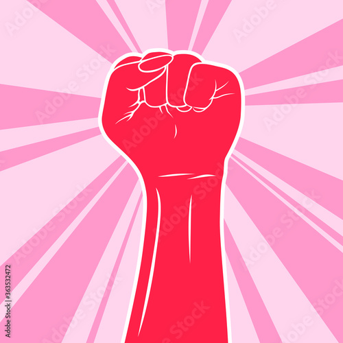 Feminism logo symbol. Illustration of monotone hand with white outline on bright pink rays in background. Raised feminist fist into air. Depicting girl and women pride, protest, freedom, strengh.
