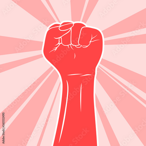 Feminism logo symbol. Illustration of monotone hand with white outline on bright pink rays in background. Raised feminist fist into air. Depicting girl and women pride, protest, freedom, strengh.