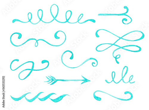 Set of watercolor blue text dividers and monograms, hand drawn lines collection. Decorative design elements. Calligraphic elegant ornaments.