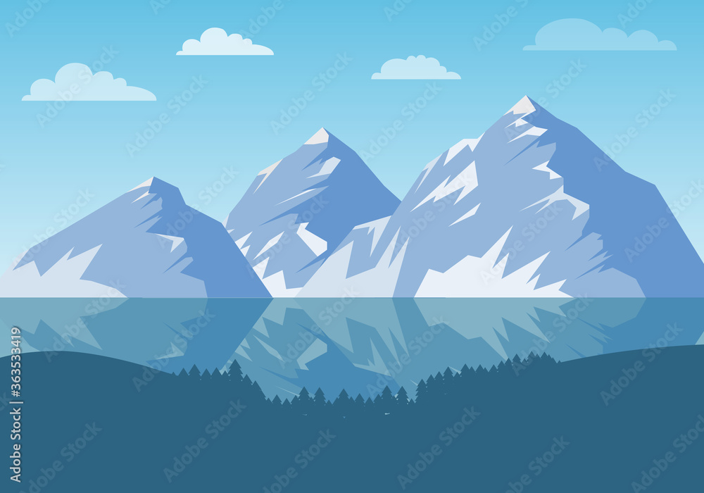 Mountain landscape with a lake and trees. Mountains, lake, trees. Vector, cartoon illustration.