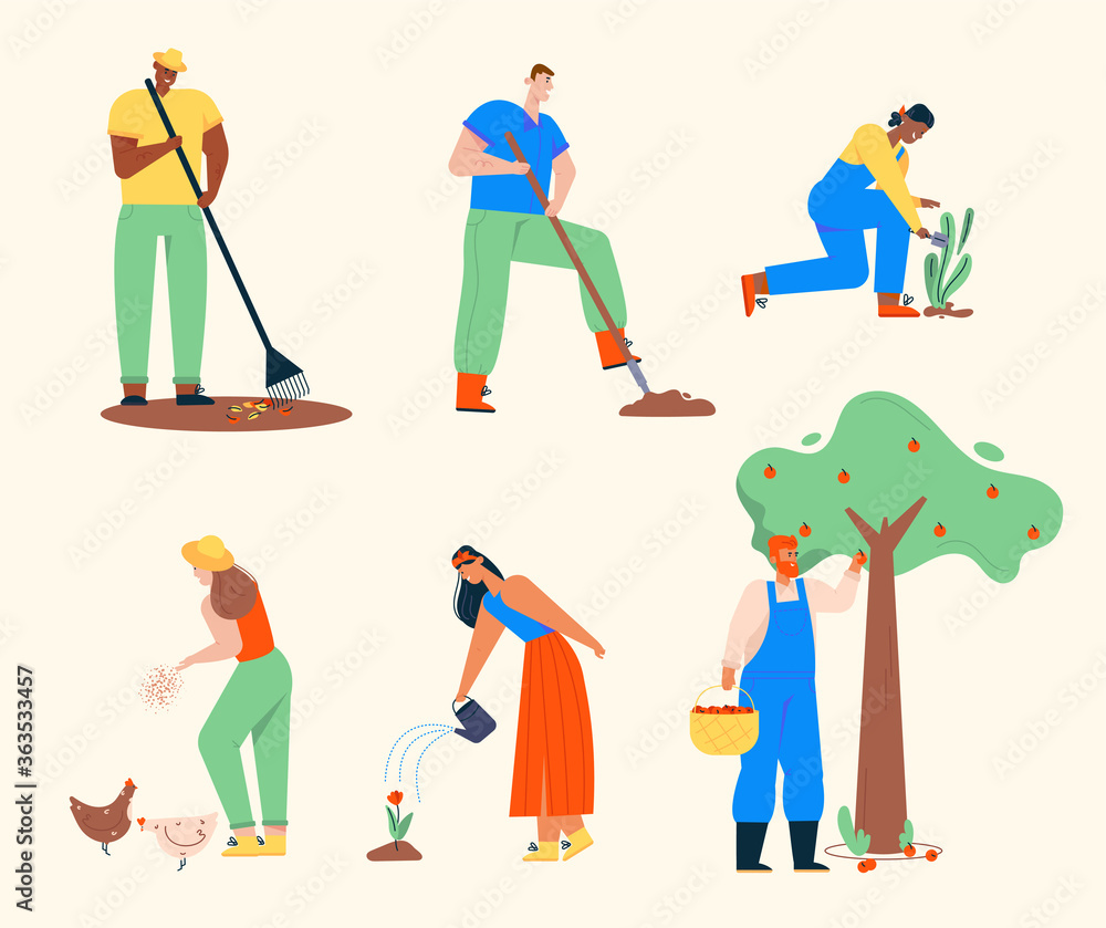 Farmers doing agricultural work, characters set isolated