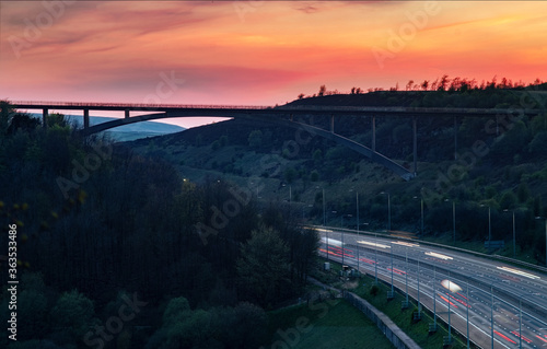 Scammonden Bridge over the M62 motorway at twilight. 