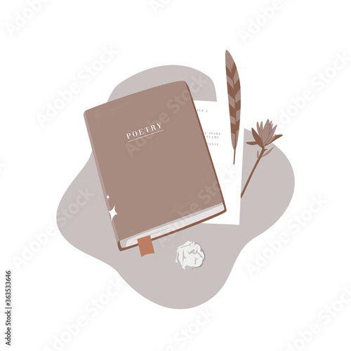 Book, feather and paper on a table.