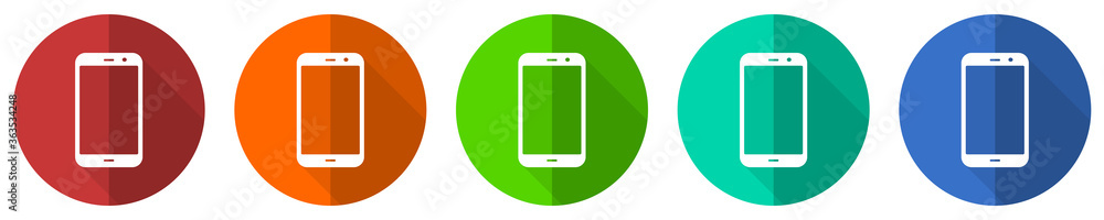 Smartphone icon set, red, blue, green and orange flat design web buttons isolated on white background, vector illustration Smartphone icon set, red, blue, green and orange flat design web buttons isolated on white background, vector illustration