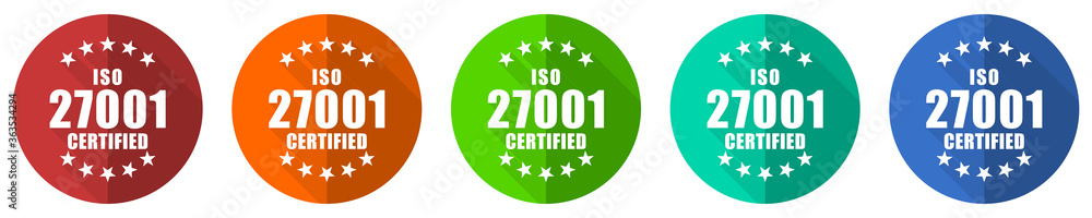 Iso 27001 icon set, red, blue, green and orange flat design web buttons isolated on white background, vector illustration Iso 27001 icon set, red, blue, green and orange flat design web buttons isolated on white background, vector illustration