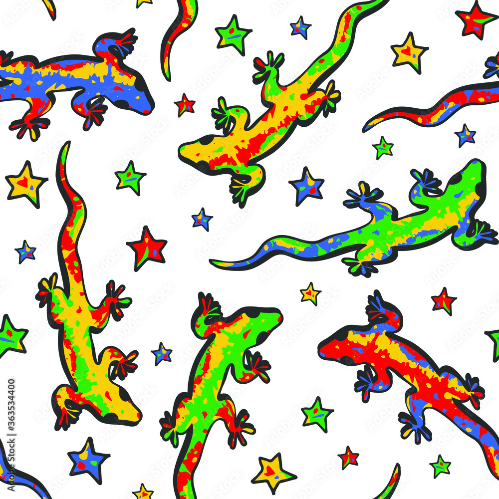 seamless vector pattern with lizards and stars on white background. Cute wallpaper design with colourful geckos. Animal fashion textile.
