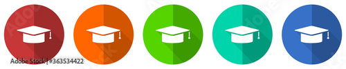 Graduation icon set, cap, education, red, blue, green and orange flat design web buttons isolated on white background, vector illustration