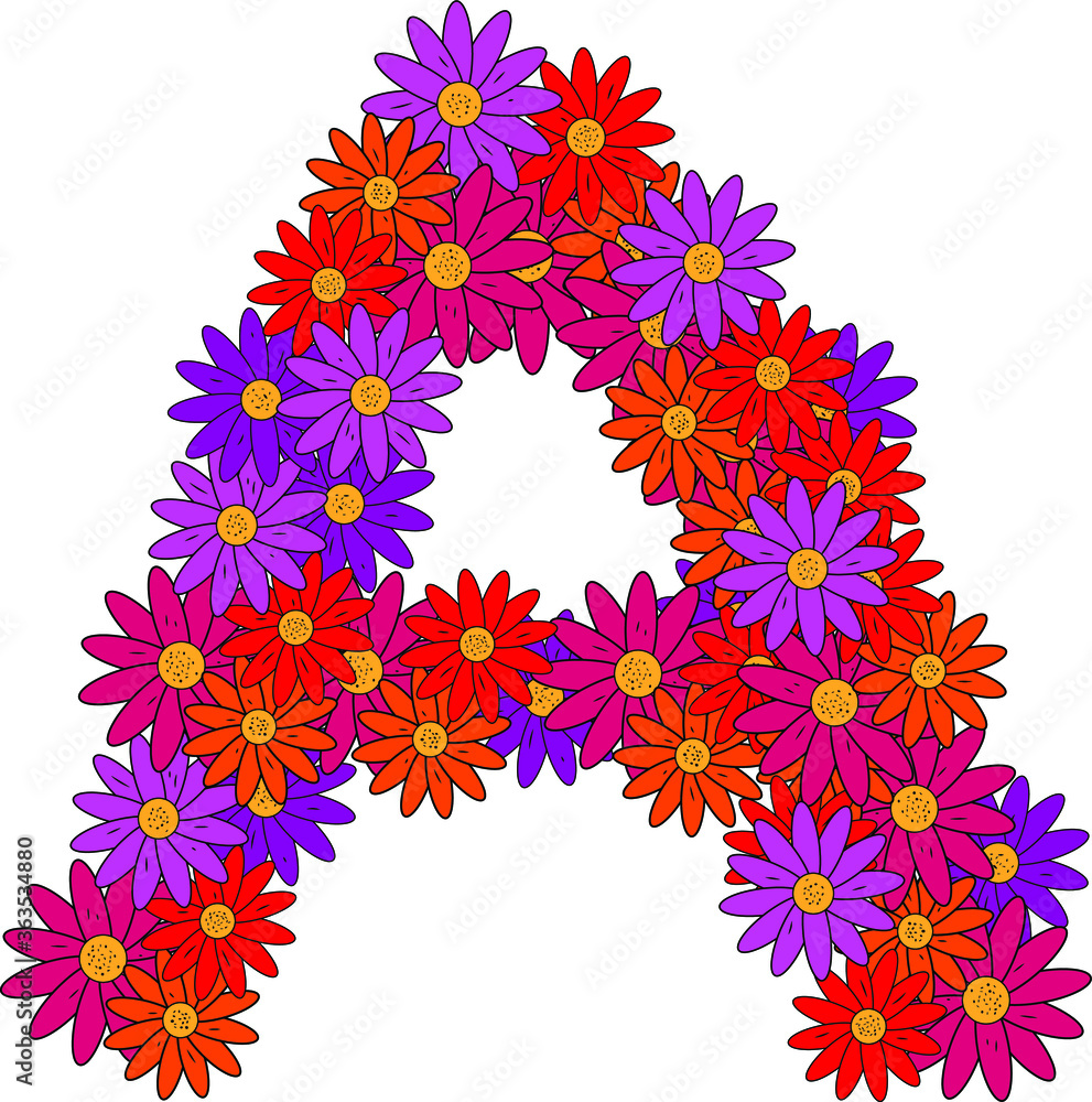 Flower font. The letter A. Many colored flower heads. Inflorescence. Bright petals. Purple, pink, red, orange. Romantic summer lettering