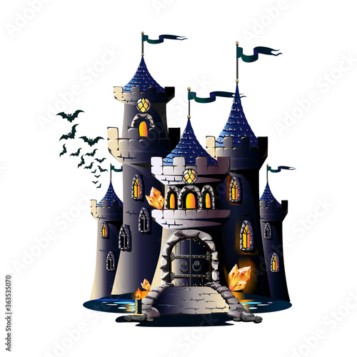 Dark castle with a bridge, wrought iron gates and watch towers. Vector illustration on a white background.