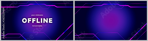 Currently offline twitch overlay background 16:9 for stream. Offline purple-blue background with gradient lines. Screensaver for offline streamer broadcast. Gaming offline overlays screen. photo