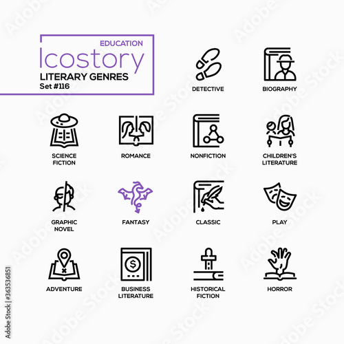 Literary genres - line design style icons set