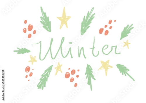 Winter handwritten inscription. Christmas elements. Winter emblem, logo, postcard, cover.