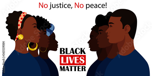 Black lives matter poster with protesting young multinational people. Protest Banner about Human Right of Black People.Support for equal rights of black people.