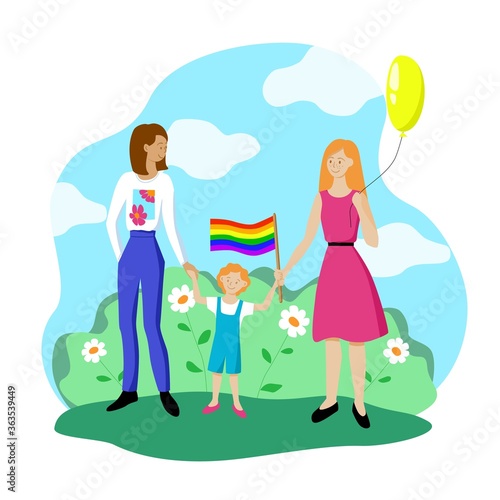 Lesbian couple with a child are walking with a rainbow flag. Gay parade in support of the LGBT community. Pride symbol. Family of queer people. Stock vector flat modern illustration isolated.