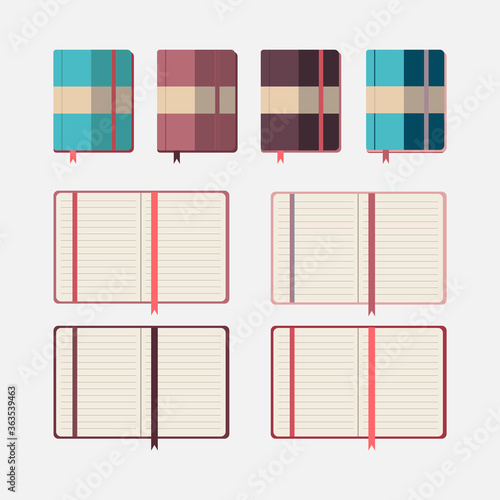 Set of flat design notepads icons with tabs isolated on white background. School notebook, diary for business cover design. Office stationery items. Stock vector illustration