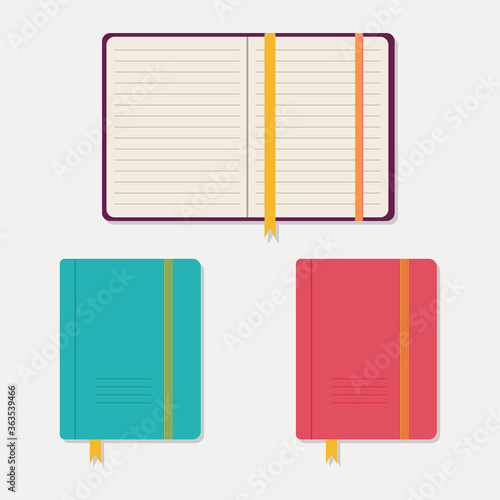 Set of flat design notepads icons with tabs isolated on white background. School notebook, diary for business cover design. Office stationery items. Stock vector illustration