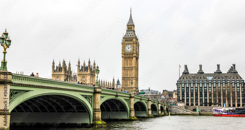 Big Ben known as Elizabeth Tower and Westminster Bridge in London