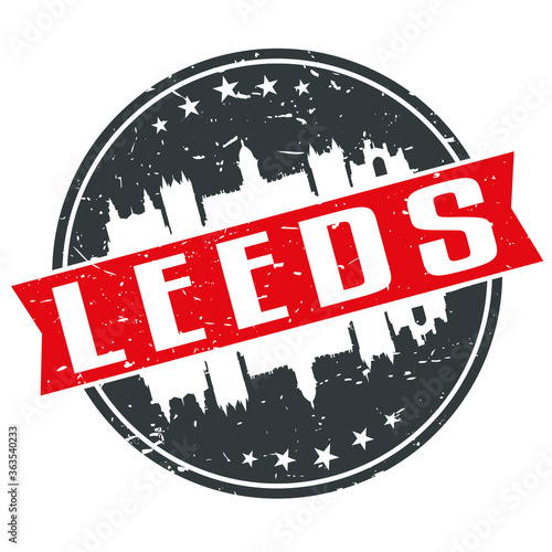 Leeds England Round Travel Stamp. Icon Skyline City Design. Seal Tourism. 