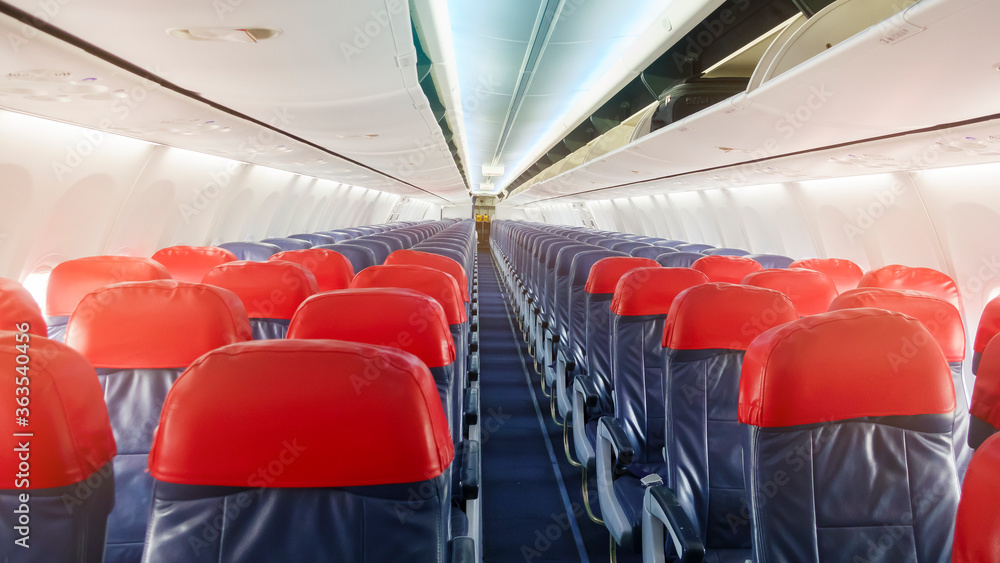 Fototapeta premium Background of airplane row empty seats onboard