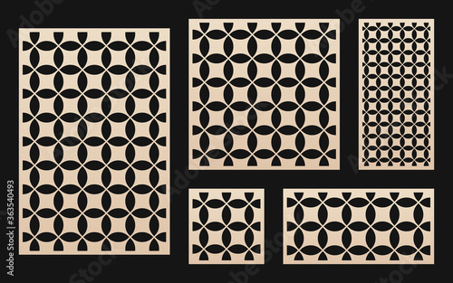 Laser cut pattern collection. Vector stencil with abstract geometric pattern, grid ornament in oriental style. Template for laser cutting, wooden panel, metal, engraving. Aspect ratio 1:1, 1:2, 3:2