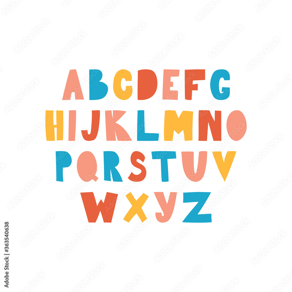 English alphabet drawn by hand. Alphabet in a simple flat style, capital letters of the Latin alphabet. Vector illustration of the alphabet for children-isolated on a white background.
