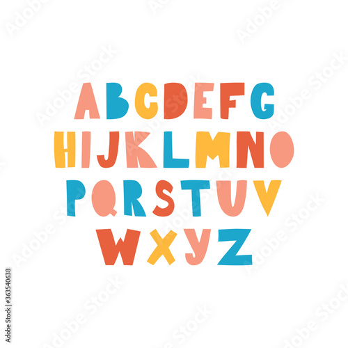 English alphabet drawn by hand. Alphabet in a simple flat style, capital letters of the Latin alphabet. Vector illustration of the alphabet for children-isolated on a white background.