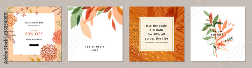 Trendy abstract square art templates with floral and geometric elements. Suitable for social media posts, mobile apps, banners design and web/internet ads. Vector fashion backgrounds. 