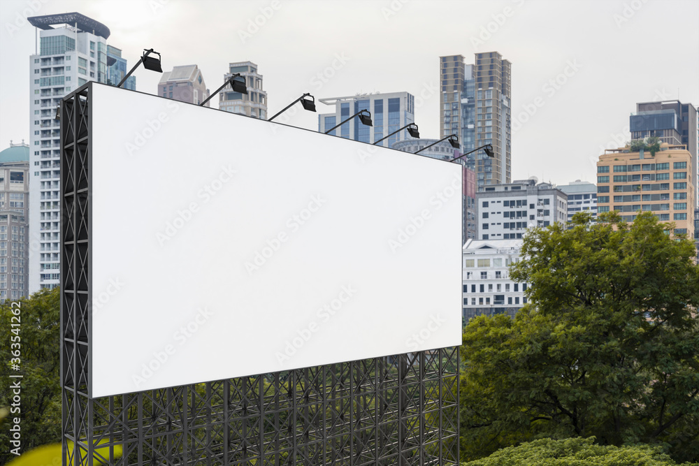 Blank white road billboard with Bangkok cityscape background at day time. Street advertising poster, mock up, 3D rendering. Side view. The concept of marketing communication to promote or sell idea. Blank white road billboard with Bangkok cityscape background at day time. Street advertising poster, mock up, 3D rendering. Side view. The concept of marketing communication to promote or sell idea.