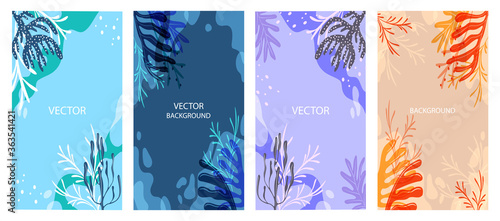 Vector set of backgrounds with Copy space for text - bright banners, posters, cover design templates, social media stories Wallpaper with various sea plants